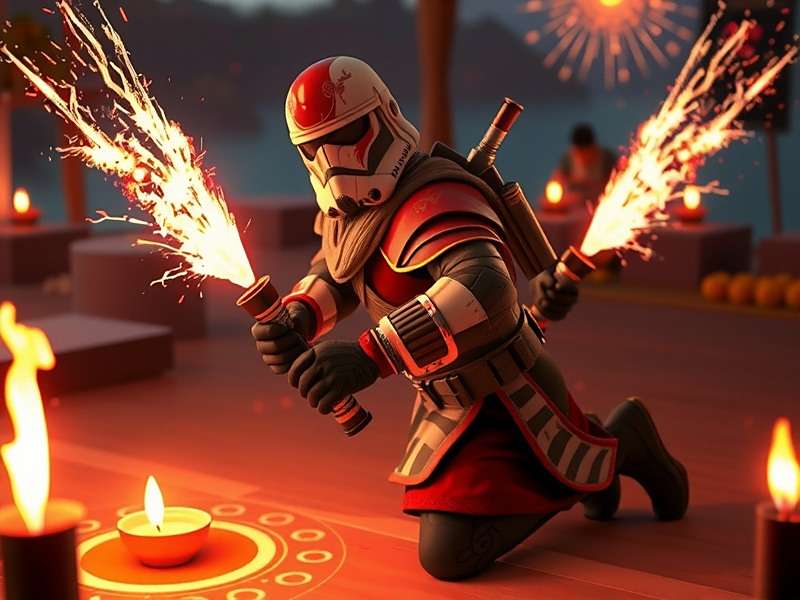 Tempest Trooper Diwali event with firecracker weapons and rangoli patterns